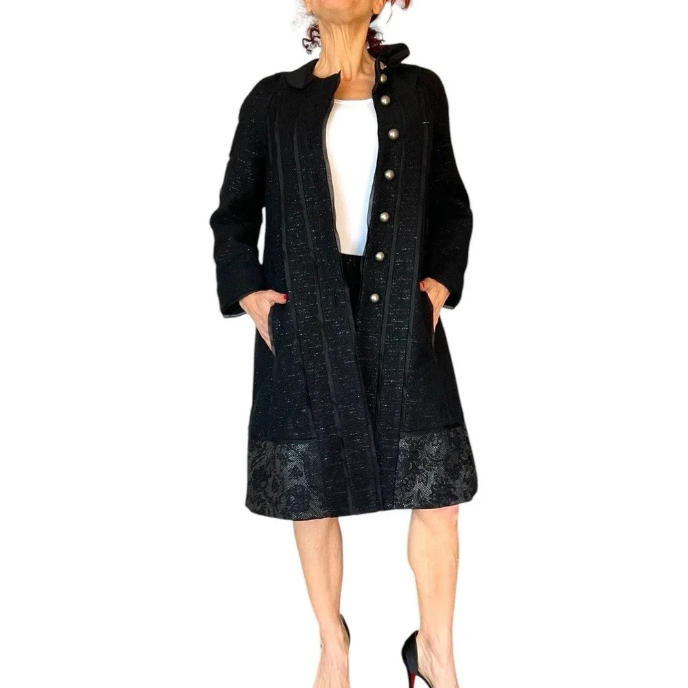 PETER SOM $3K  BLACK SHIMMER 2 PIECE COAT SKIRT SUIT SET OUTFIT WOOL WOMEN'S 6